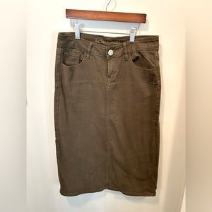 Olive Colored Denim Midi Skirt